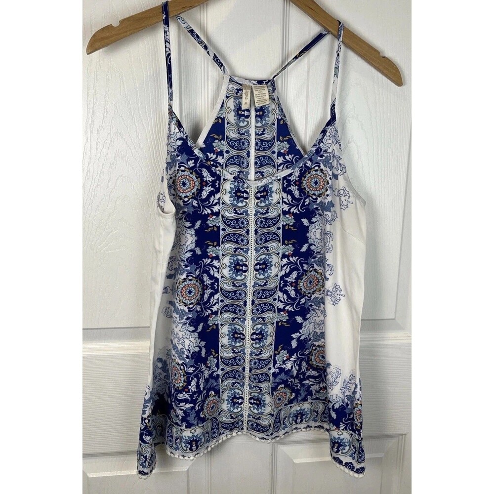 Japna Womens Small Boho Cami Tank Top Blue White Paisley Medallion Strappy Flowy